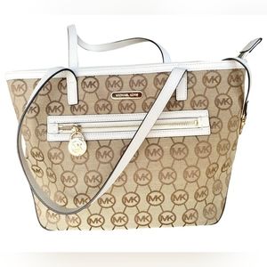 Michael Kors Kempton Women Leather/Jacquard Tote Biege/Vanilla Logo Circle Large